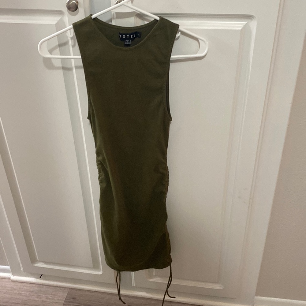 Never worn. Olive/army green dress. Adjustable scrunch ties on sides.